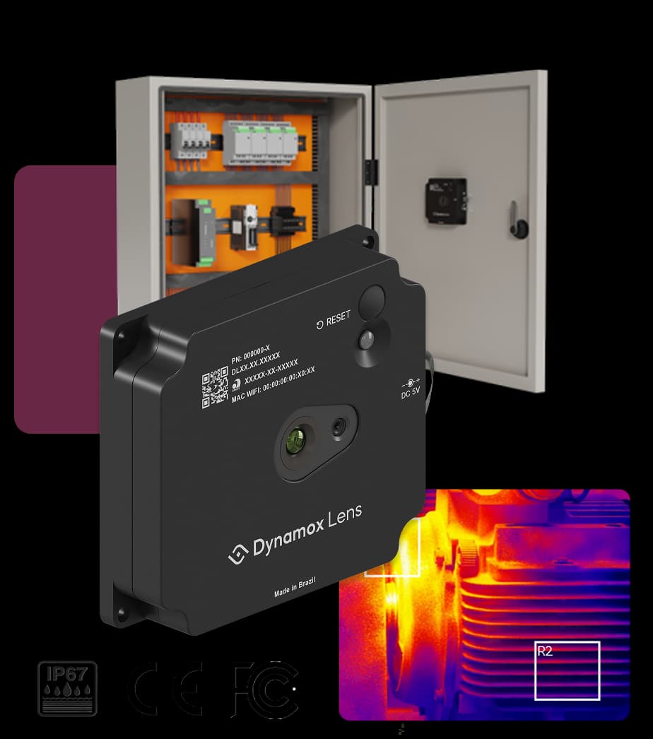 Dynamox Lens instalado em painel elétrico, imagem termográfica e certificações IP67, CE e FCC