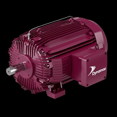 Motor elétrico industrial de alta eficiência na cor vinho, com a marca "Dynamox" visível na carcaça. O motor possui um design robusto com aletas de resfriamento e um sensor acoplado na parte superior, indicado por uma peça amarela translúcida
